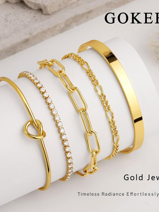 Gold Bracelets Set for Women Non Tarnish, Waterproof 14K Gold Plated Sterling Si - Picture 5 of 6